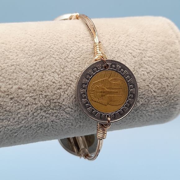 Egyptian One Pound Coin Bangle Bracelet, Three Coins, Wire Wrapped, 7.5 Inches - Picture 9 of 10